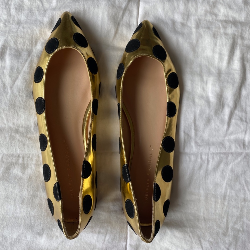 Barely worn Loeffler Randall gold pointed toe flats with black suede polka dots